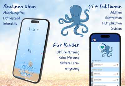 Unsere interaktive Mathe Lernen App für Kinder von 5–8 Jahren bietet spielerische Methoden zum Kopfrechnen Üben und Einmaleins Üben. Sicher, offline und perfekt für Grundschule und Zuhause!